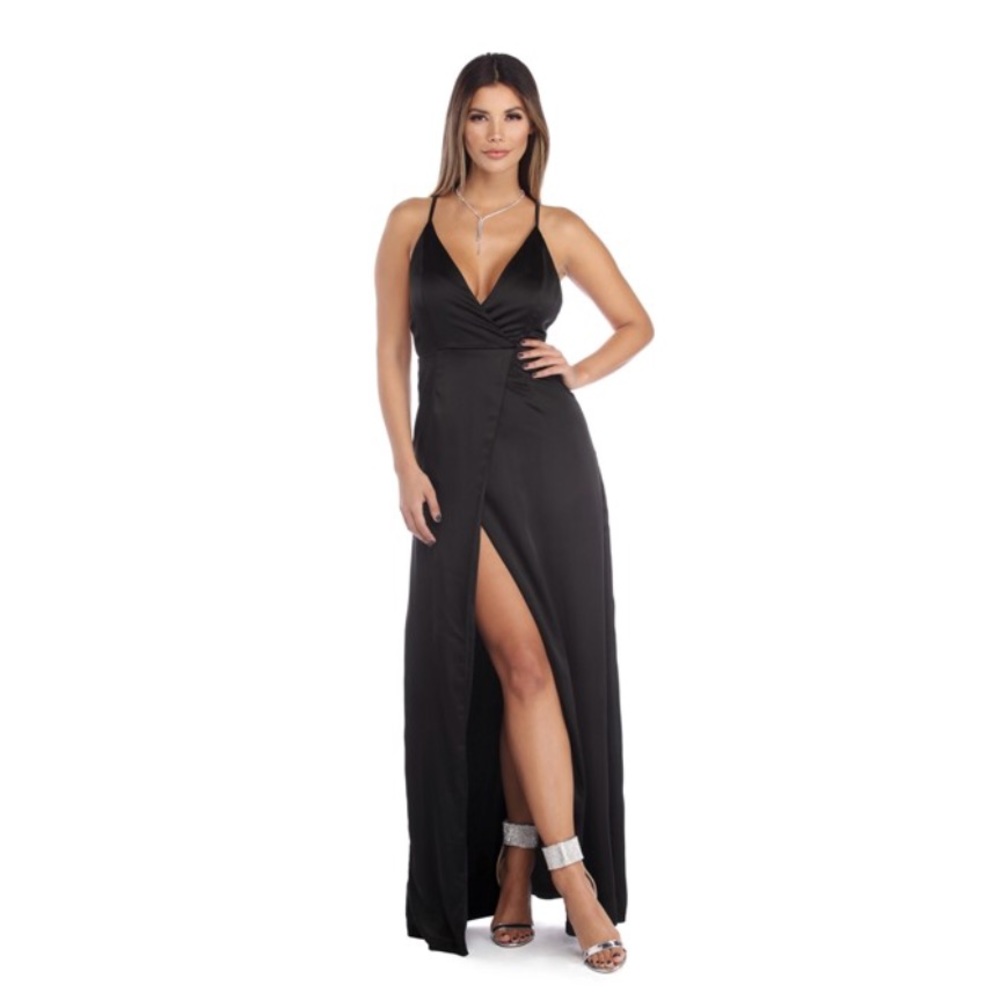 MACI BLACK WRAPPED SATIN PROM DRESS